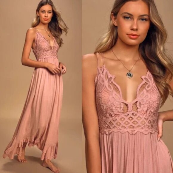 Free People One Adella Lace Slip Maxi Dress Rose Pink Womens Size Small - Picture 3 of 16